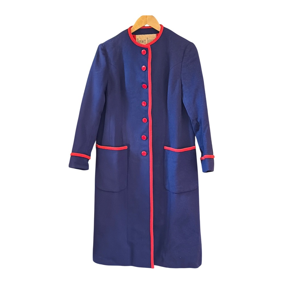 Vintage 60s L'Empereur Paris Bonwit Teller Wool Coat France Navy Red Sz 14